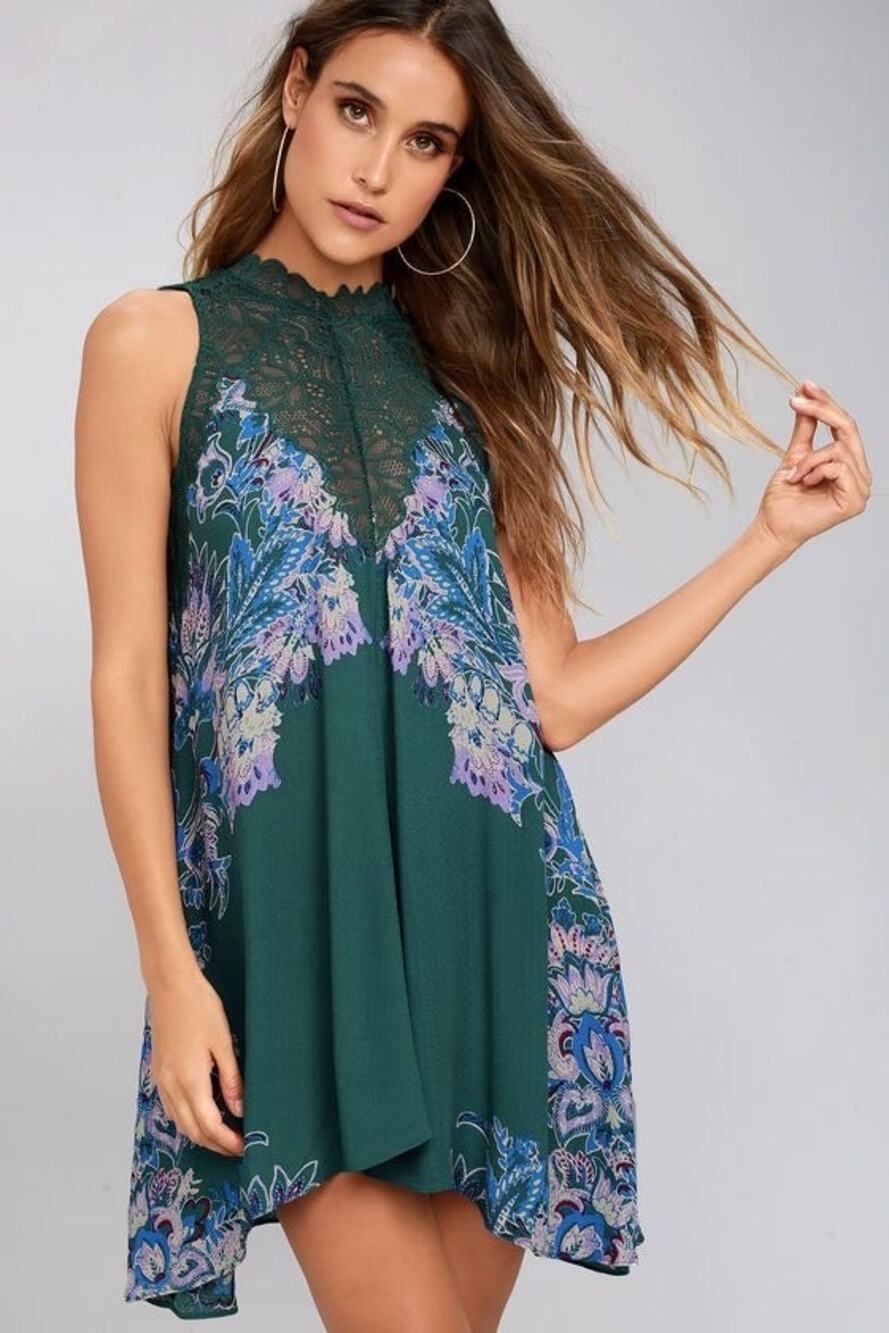 Free People Intimately Marsha Mini Dress Green Floral V-Neck Sleeveless Size M